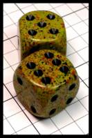 Dice : Dice - 6D Pipped - Chessex Yellow with Black Orange and Green Speckles and Black Pips - Unknown